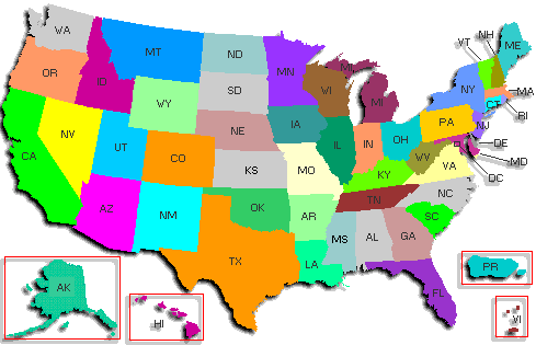Map of the United States with each state hot linked to a list of names below.