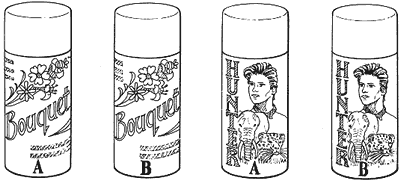 Picture of 4 cans of deodorants labeled Bouquet A, Bouquet B, Hunter A, and Hunter B.