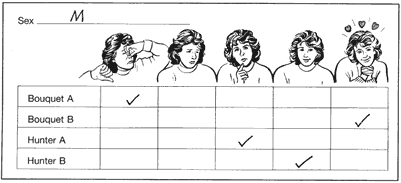 Picture of a completed score sheet.  There are 5 columns with pictures above each ranging from a woman holding her nose to a woman with hearts above her head.  There are 4 rows labeled: Bouquet A, Bouquet B, Hunter A, and Hunter B.