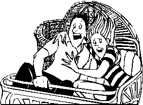 A man and a woman are riding in a roller coaster and appear frightened.